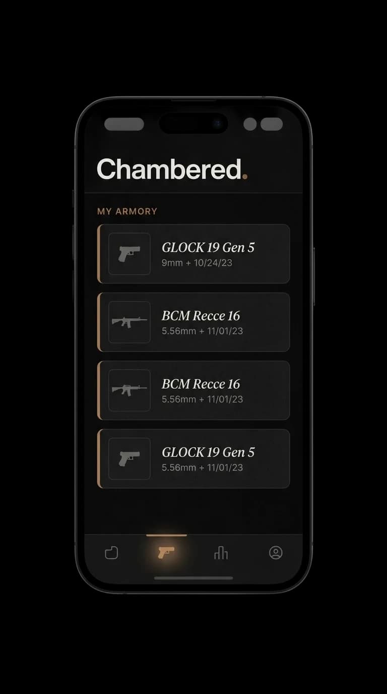 Chambered iOS app showing a firearm inventory list with gun cards