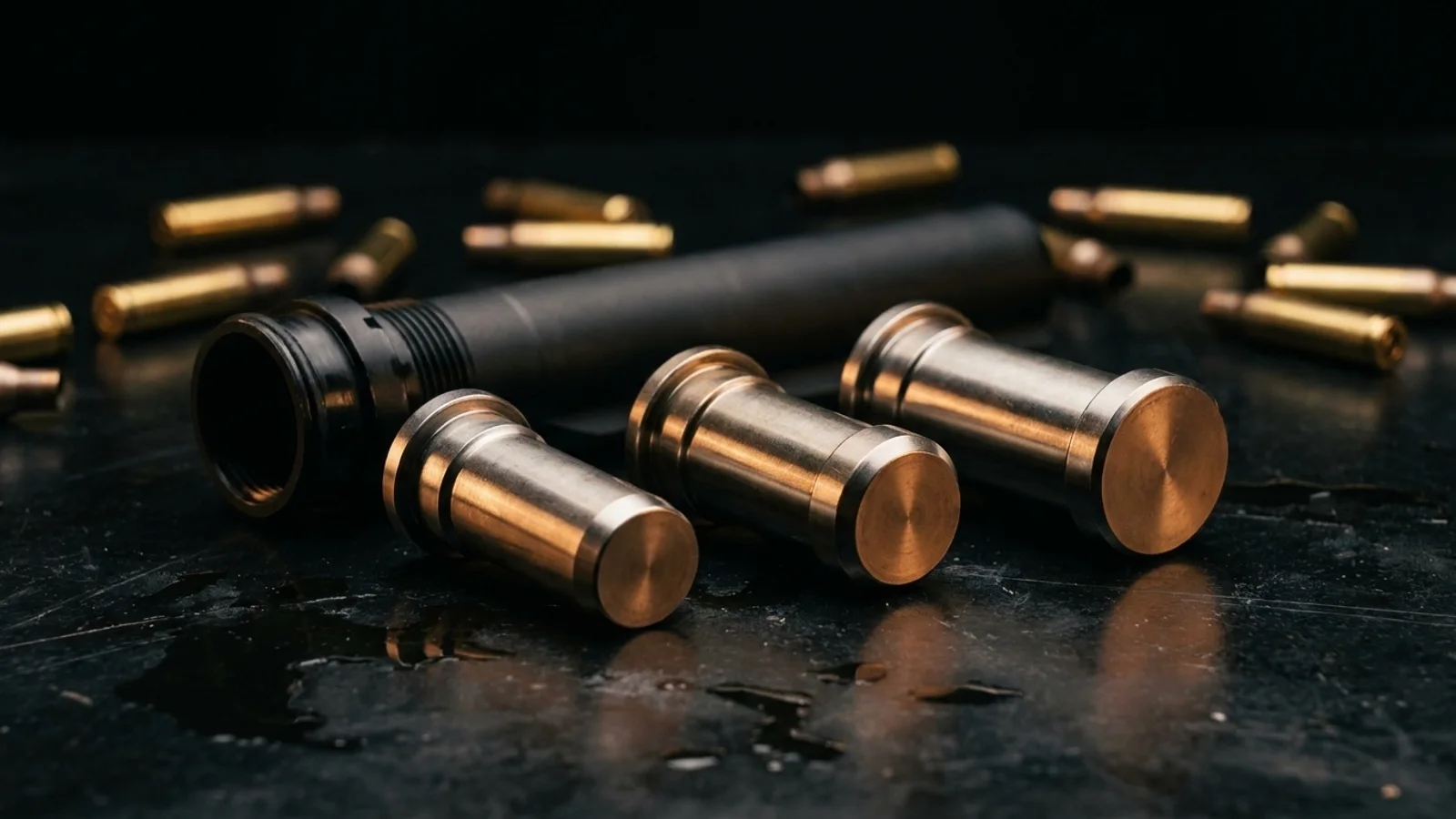 A graduated row of AR-15 buffer weights from carbine through H3 alongside an open buffer tube and brass casings, illustrating the buffer-weight selection