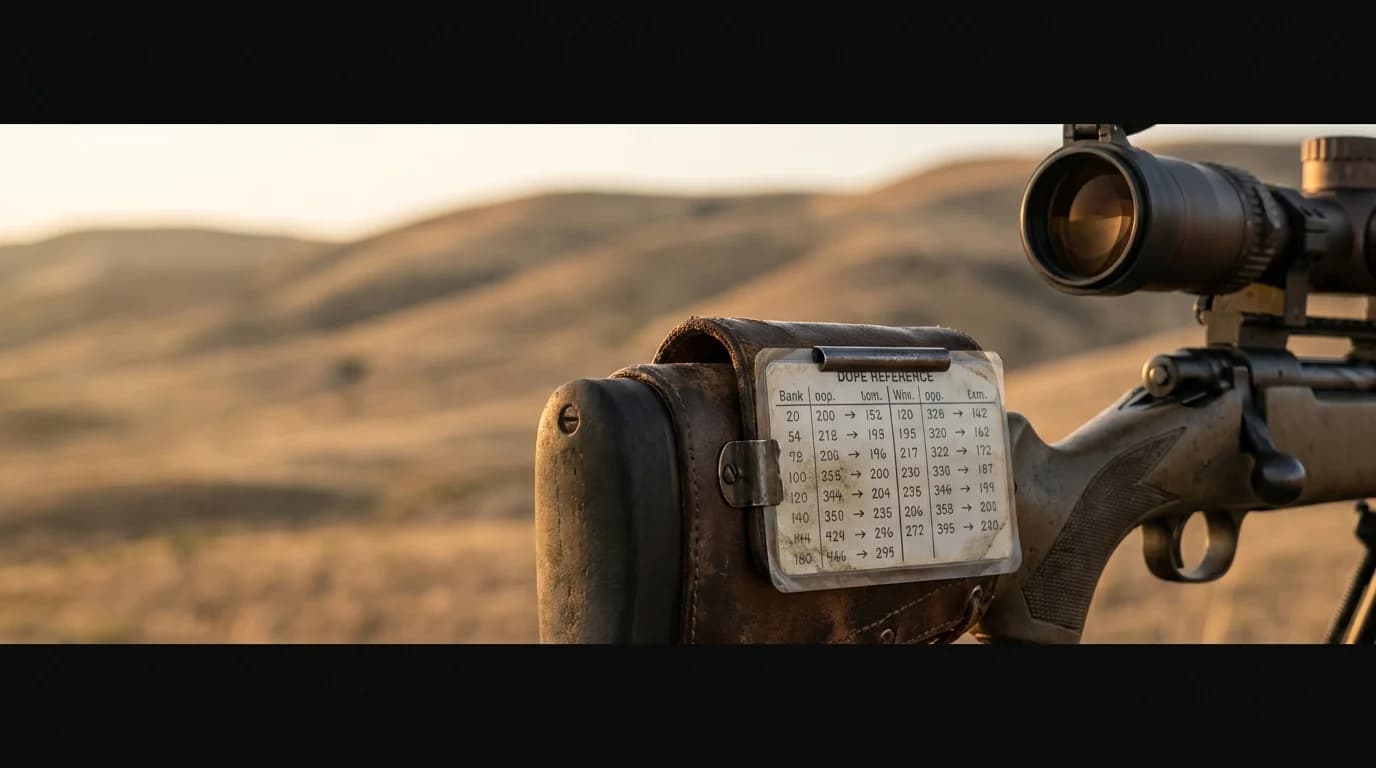 A weather-worn dope reference card clipped to a precision rifle stock at long-range terrain