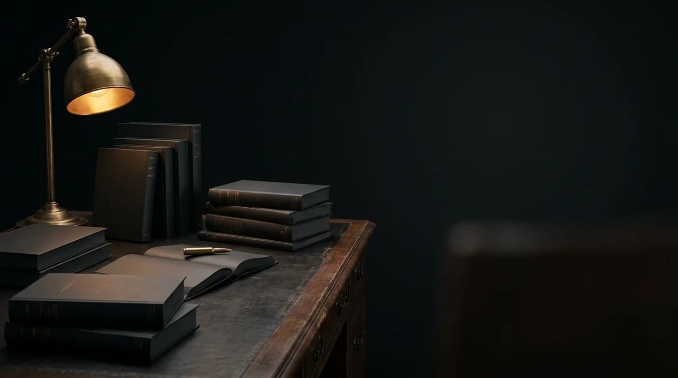 A brass-lamp-lit leather-topped desk with stacked firearm reference books and an open notebook