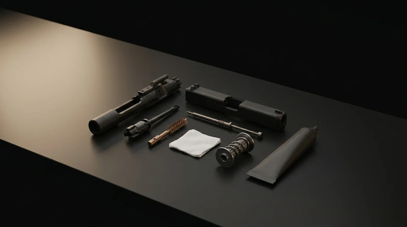 A disassembled bolt carrier group and pistol slide laid out next to cleaning brushes, patches, and gun oil on a matte black surface