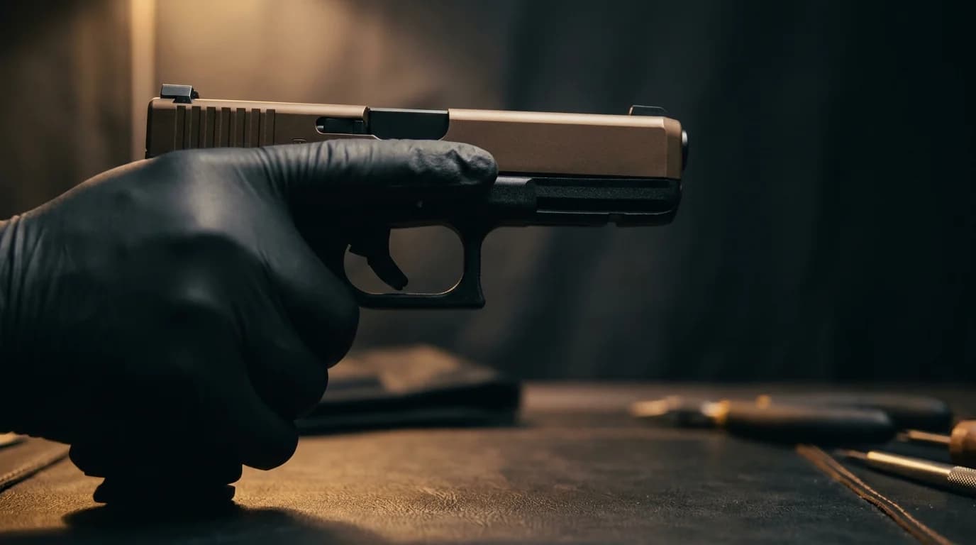 A gloved hand holding a striker-fired pistol with the trigger finger indexed straight along the slide above the trigger guard