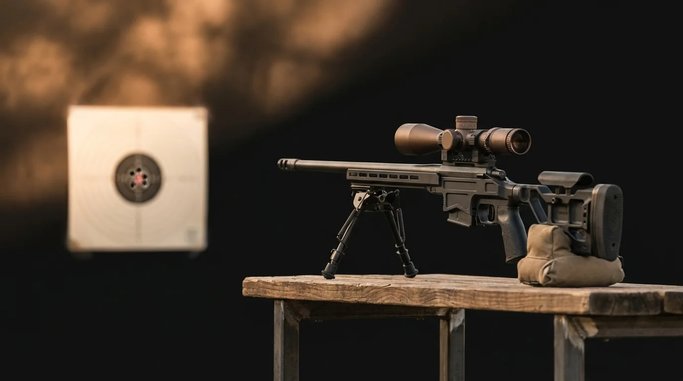 A precision bolt-action rifle on a bench rest with a scope, pointed downrange at a paper target with a tight group in the bullseye
