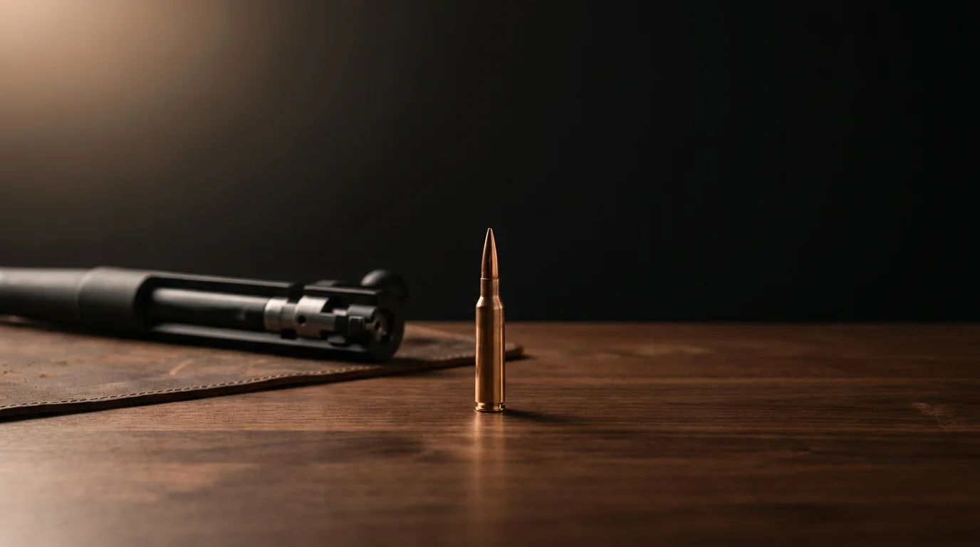 A precision rifle bolt and a brass cartridge resting on a walnut workbench