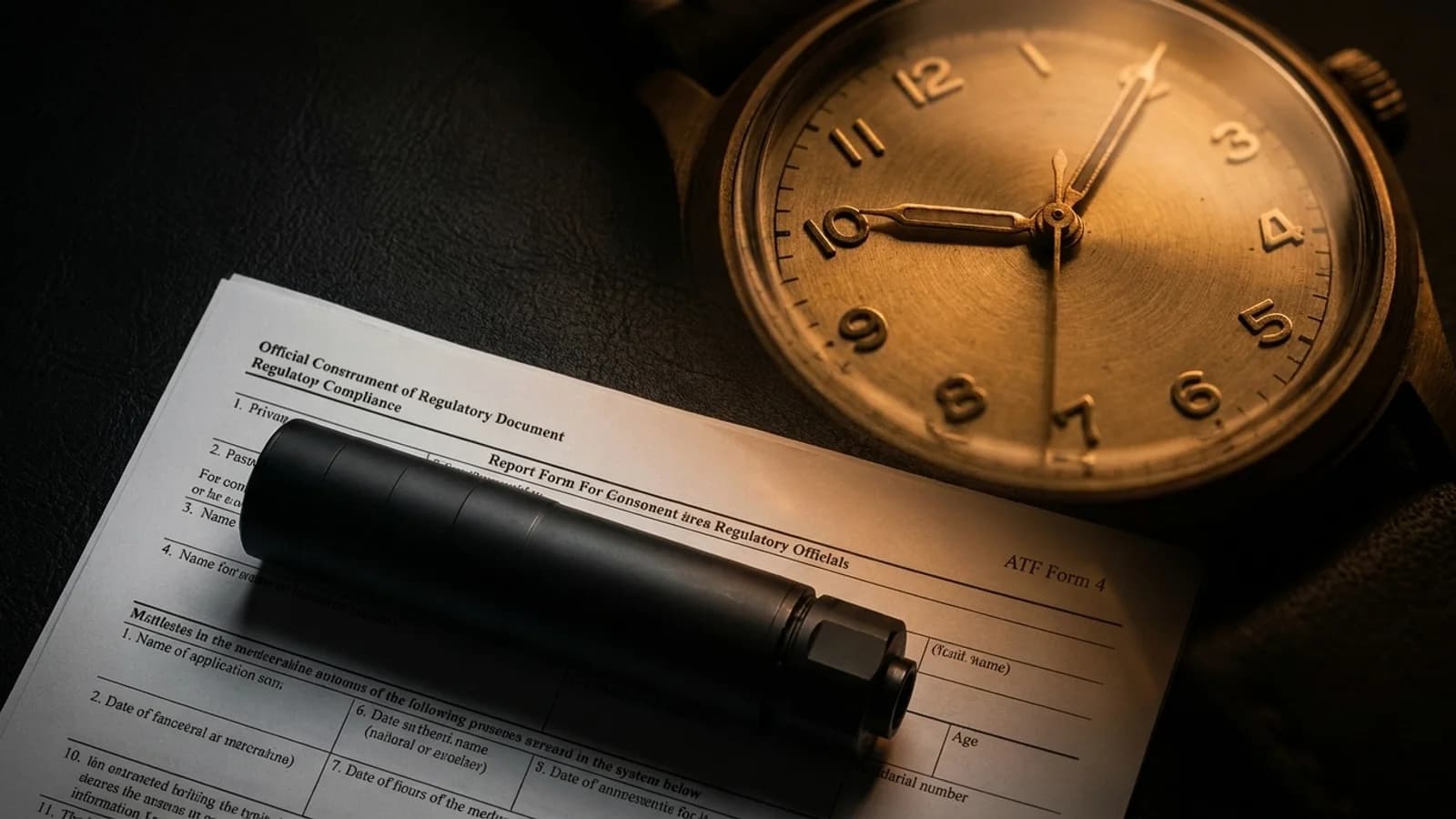 An open ATF Form 4 paper document with a tactical suppressor lying across it, next to a vintage brass-faced watch — illustrating NFA processing wait times